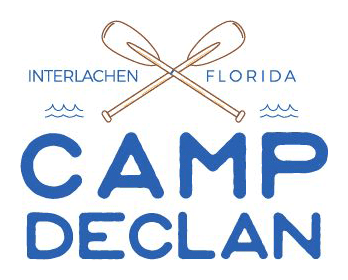A blue and white logo for camp declan.