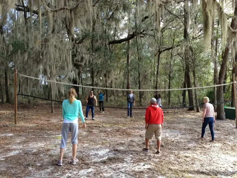A group of people playing volleyball in the woods.