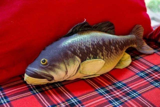 A fish pillow sitting on top of a red couch.