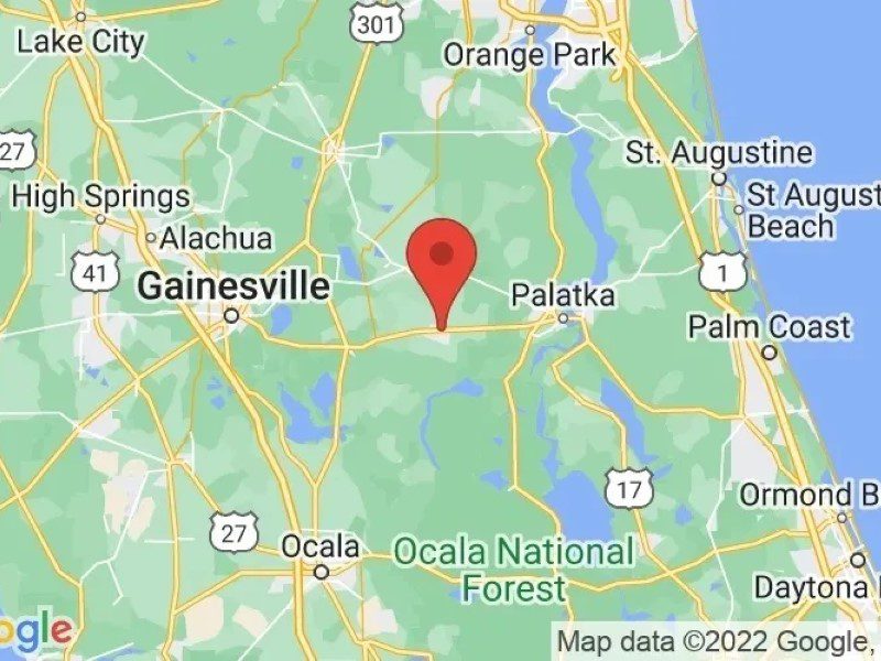 A map of gainesville florida with the location marked in red.